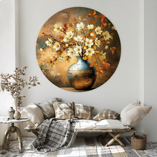 muurcirkel bloemen schilderij met goud accenten