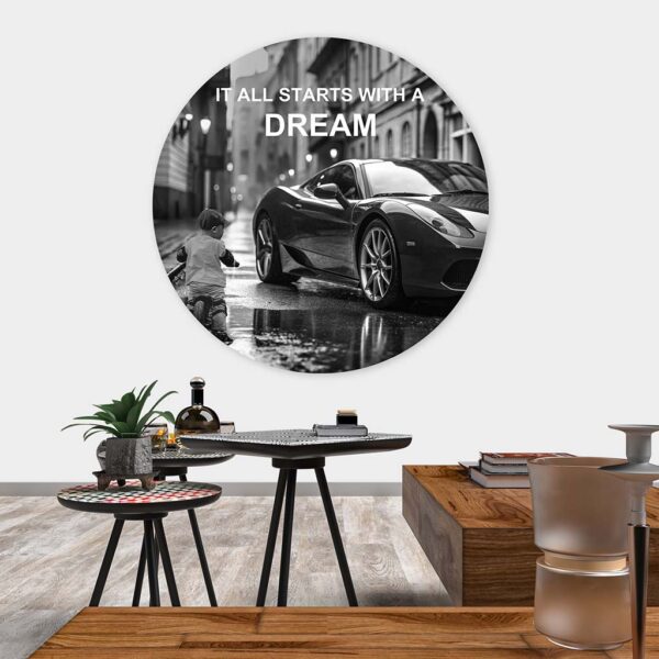 muurcirkel schilderij auto it all starts with a dream