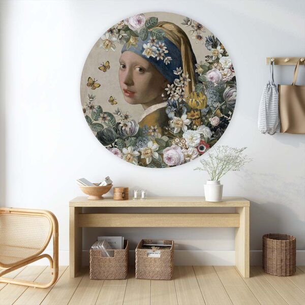 Muurcirkel meisje met de parel tussen bloemen