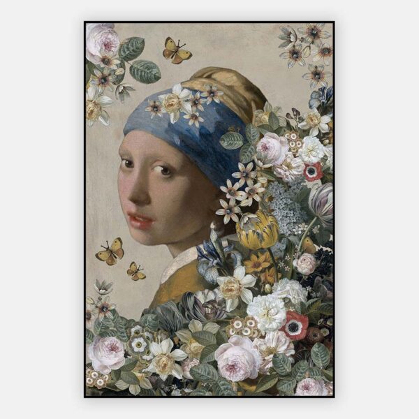 Schilderij meisje met de parel tussen bloemen in artframe