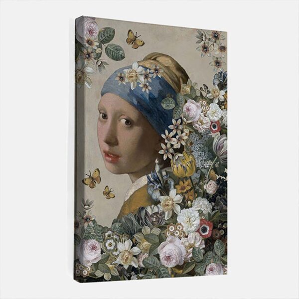 Canvas schilderij meisje met de parel tussen bloemen