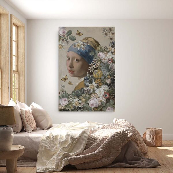 Canvas schilderij meisje met de parel tussen bloemen