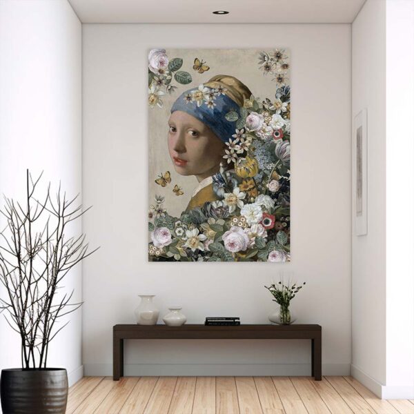 Schilderij meisje met de parel tussen bloemen