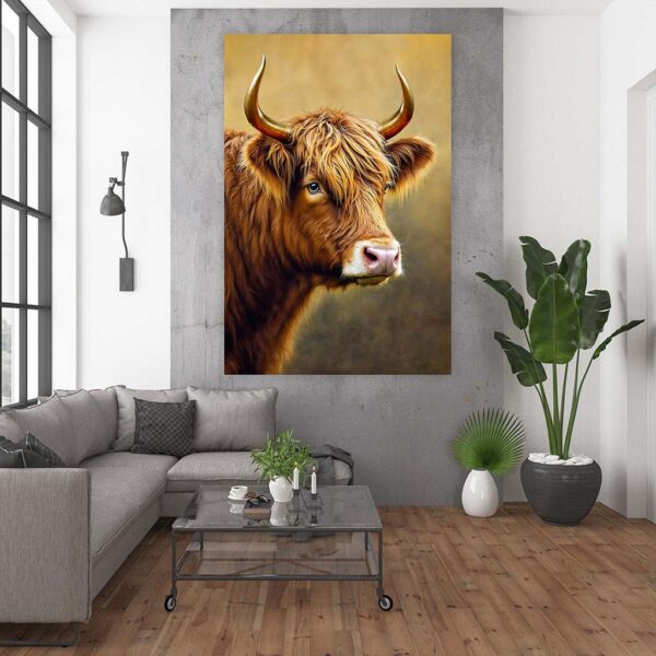 Schilderij Schotse hooglander met gouden hoorns