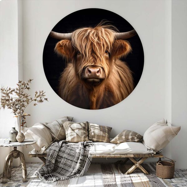 Muurcirkel Schotse Hooglander zwarte achtergrond