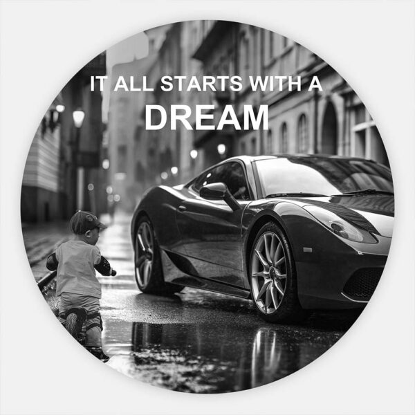 muurcirkel schilderij auto it all starts with a dream