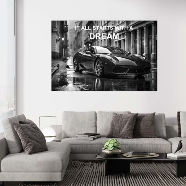 schilderij auto it all starts with a dream