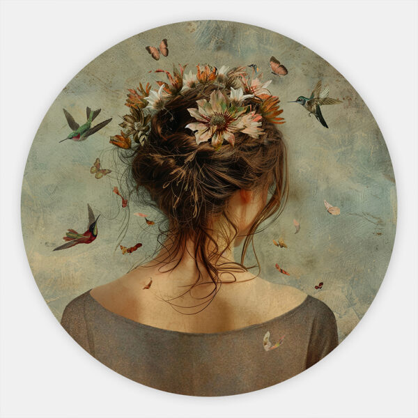 muurcirkel schilderij vrouw met bloemen en vogels