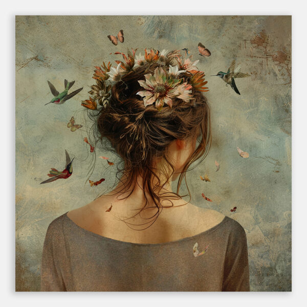 schilderij vrouw met bloemen en vogels