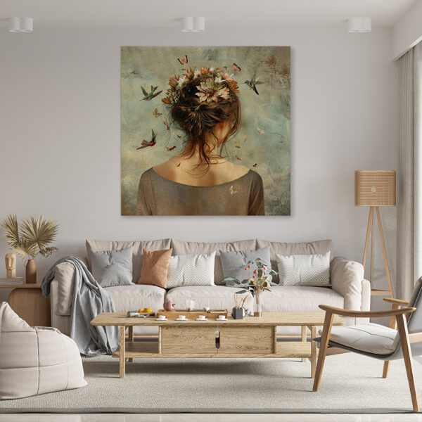 schilderij vrouw met bloemen en vogels